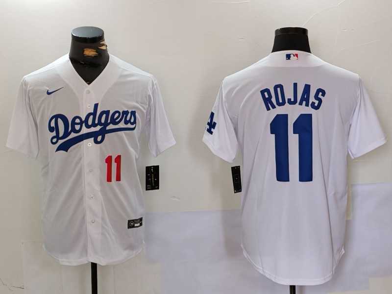 Mens Los Angeles Dodgers #11 Miguel Rojas Number White Cool Base Stitched Jersey